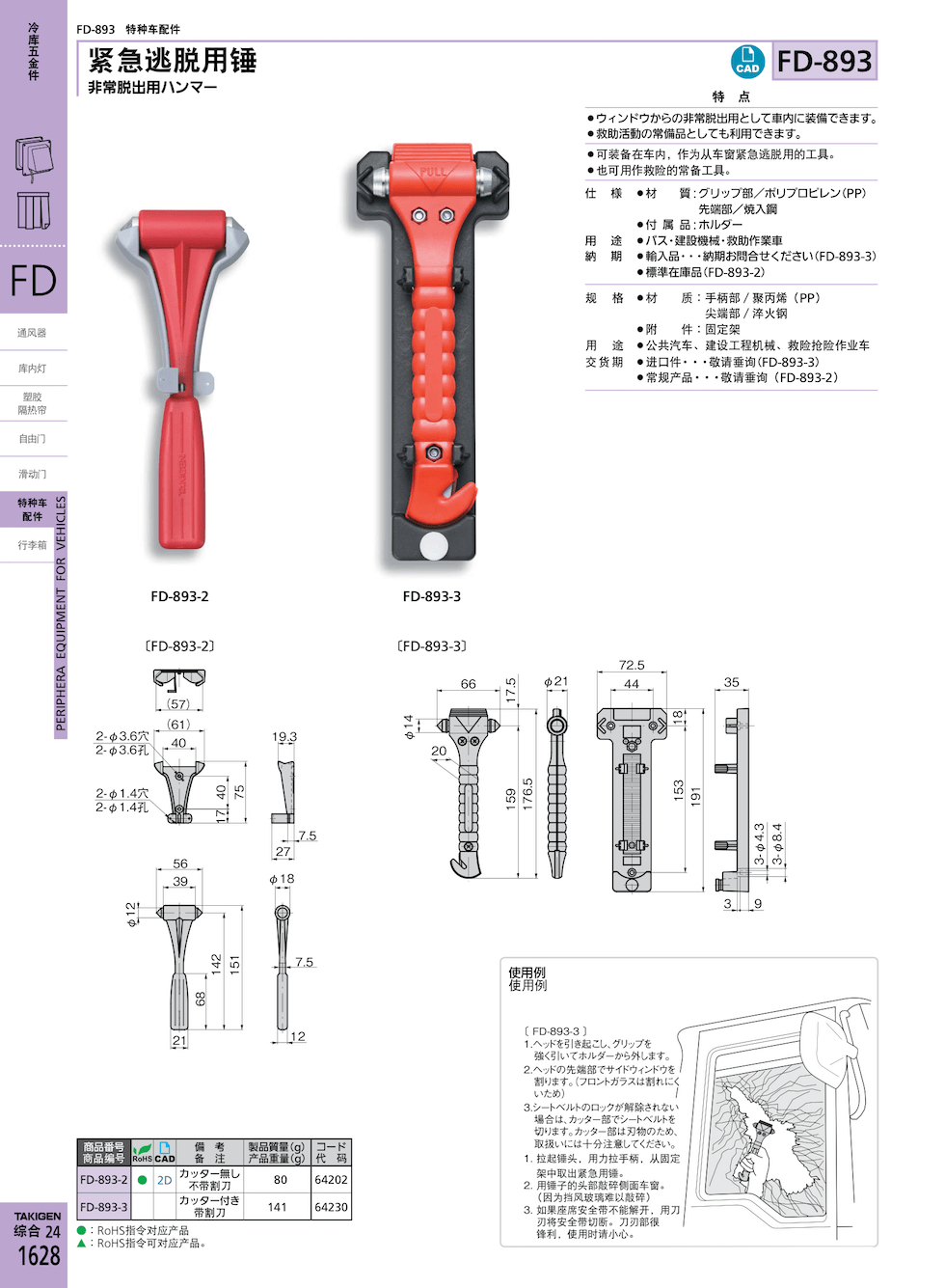 takigen紧急逃生用锤