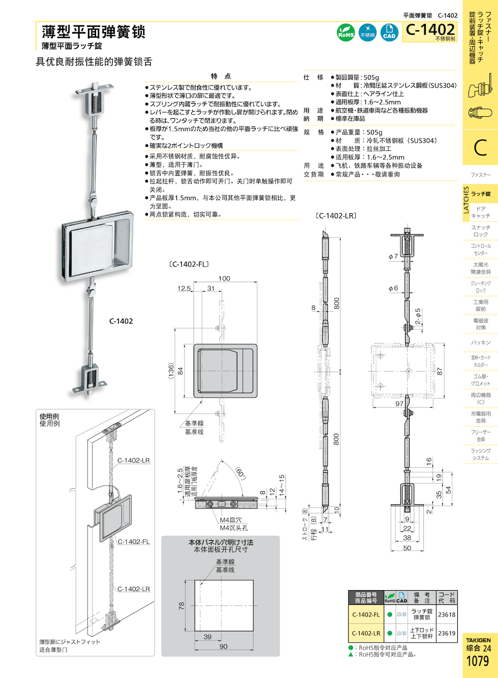 takigen C-1402-FL薄型平面弹簧锁适用板厚是多少mm？